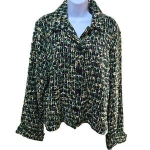 Womens Vintage Green & Yellow Textured Tweed Button-Up Jacket